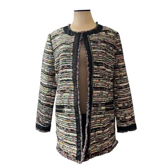 Ann Taylor size M Rainbow Boucle Tweed Jacket/blazer fringe long zipper - Picture 1 of 8